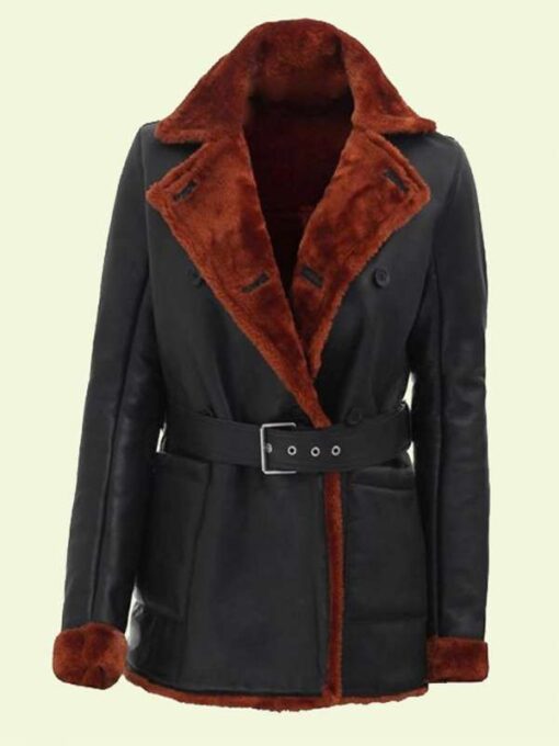 Black Shearling Belted Leather Coat For Women's