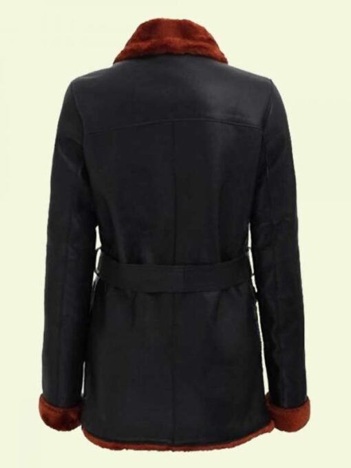 Black Shearling Belted Leather Coat For Women's