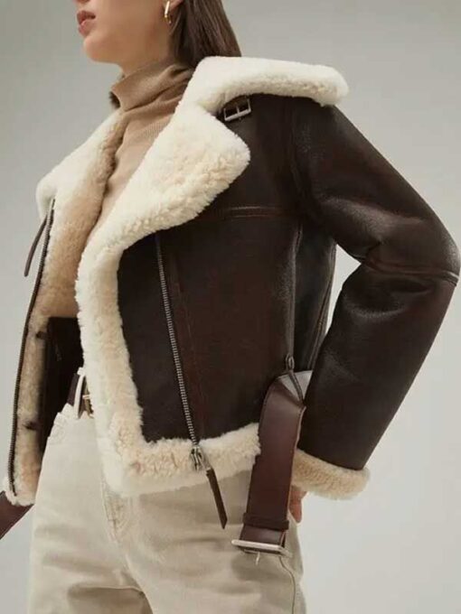 Women's Cropped Style Brown Leather Shearling Jacket