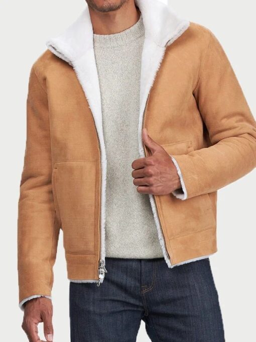 Men's Real Leather Tan Shearling Aviator Jacket