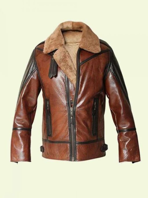 Mens Brown Leather Shearling Aviator Jacket