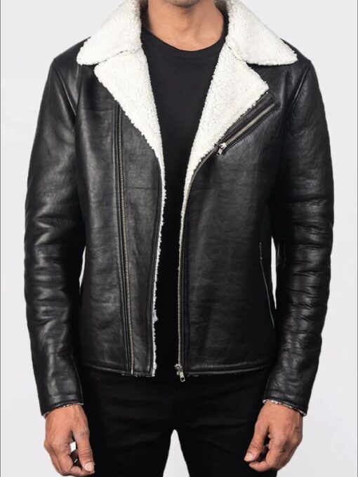 Men's White Shearling Black Aviator Sheepskin Leather Jacket