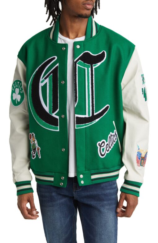 Boston Celtics Block Letter Wool Blend Varsity Jacket