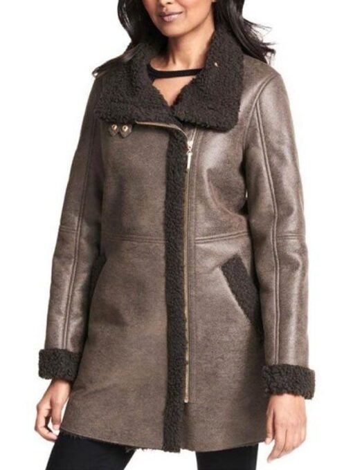 Asymmetrical Zip Faux Fur shearling Brown Leather Coat For Women