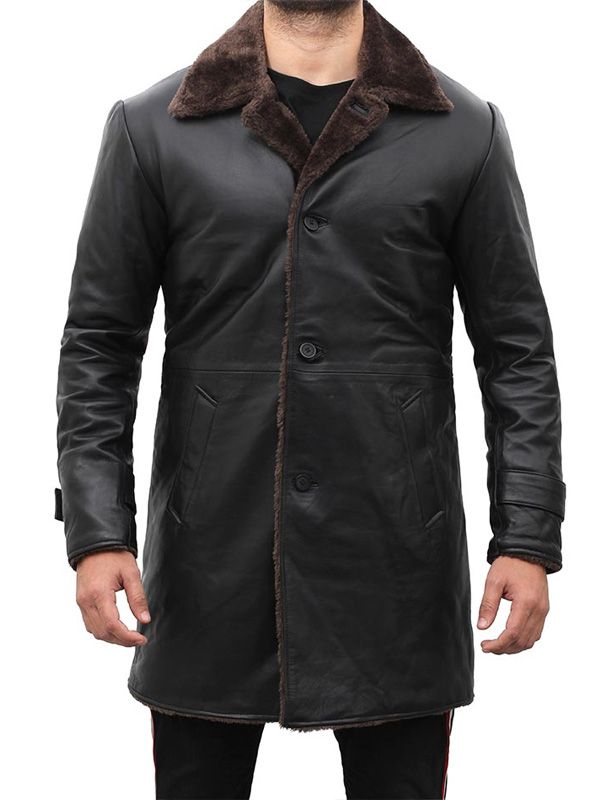 Men's Leather Shearling Black Coat - Free Shipping