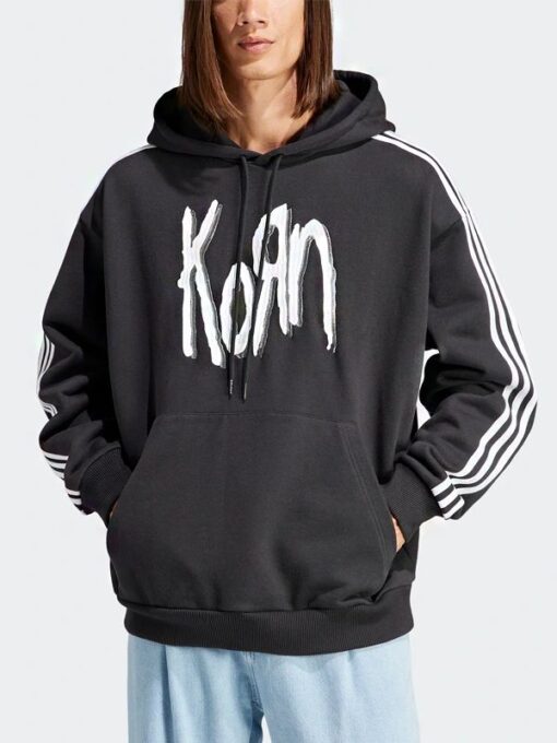 Unisex Korn Adidas Black Pullover Striped Hoodie