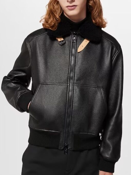 Louis Vuitton Black Leather Shearling Bomber Jacket