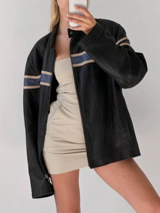 Women Vintage Ultra Oversized Leather Striping Jacket