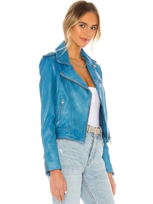 Sarah Shahi Blue Leather Jacket 1