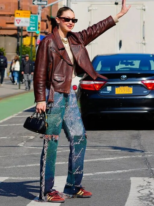 Gigi Hadid Biker Maroon Leather Jacket
