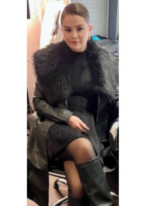 Selena Gomez Black Leather Trench Coat