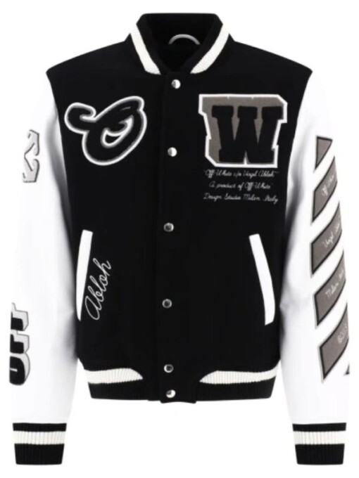 Off White Two-Tone Wool and Leather Bomber Jacket