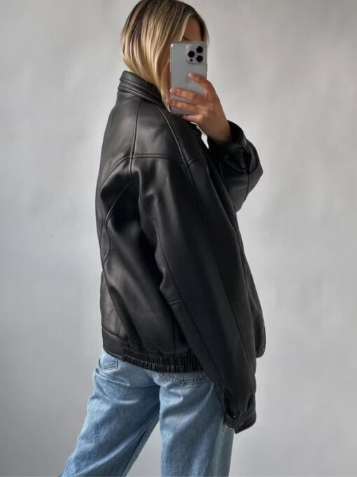Women Vintage Retro Oversized Classic Black Leather Jacket