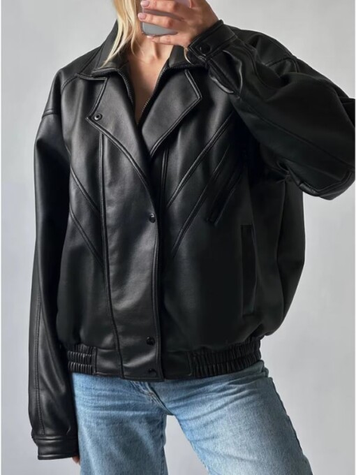Women Vintage Retro Oversized Classic Black Leather Jacket