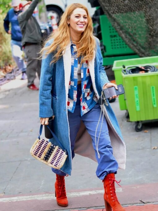 Blake Lively It Ends With Us Denim Shearling Coat