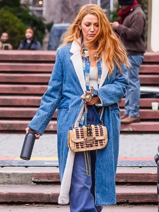 Blake Lively It Ends With Us Denim Shearling Coat