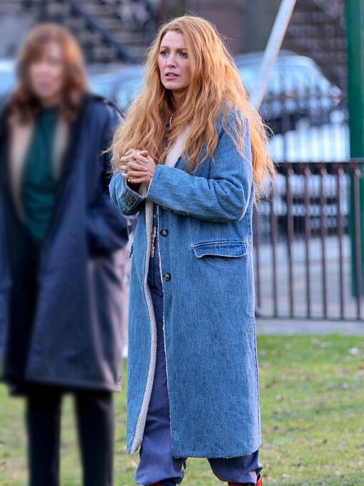 Blake Lively It Ends With Us Denim Shearling Coat