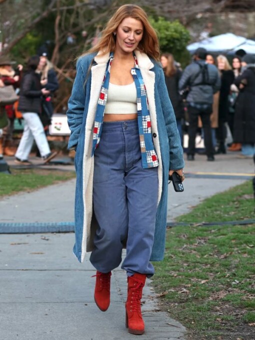 Blake Lively It Ends With Us Denim Shearling Coat