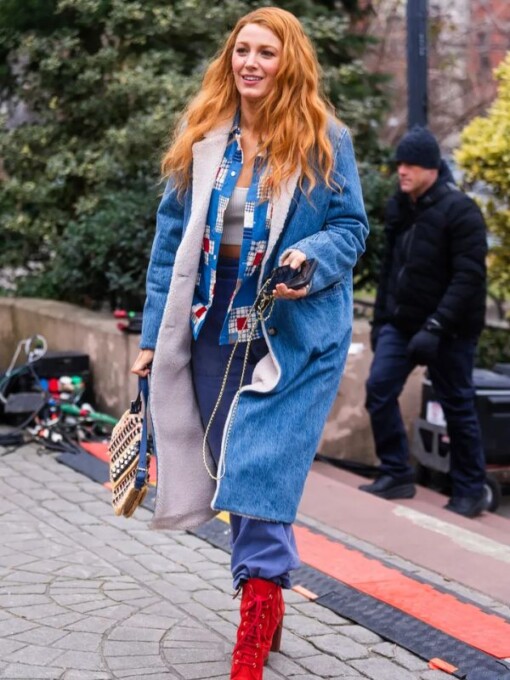 Blake Lively It Ends With Us Denim Shearling Coat